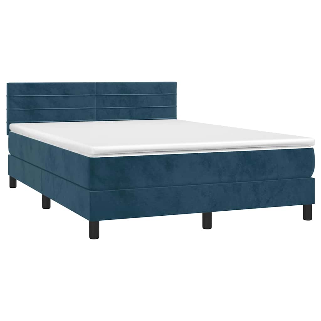 vidaXL Κρεβάτι Boxspring με Στρώμα & LED Σκ. Μπλε 140x200εκ. Βελούδινο