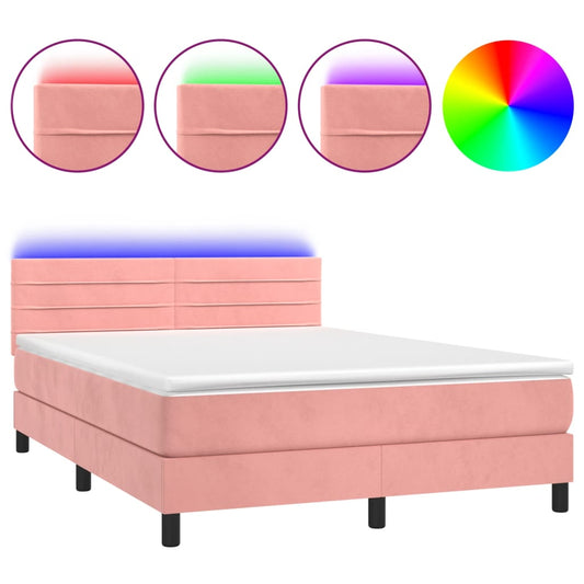 vidaXL Κρεβάτι Boxspring με Στρώμα & LED Ροζ 140x200 εκ. Βελούδινο