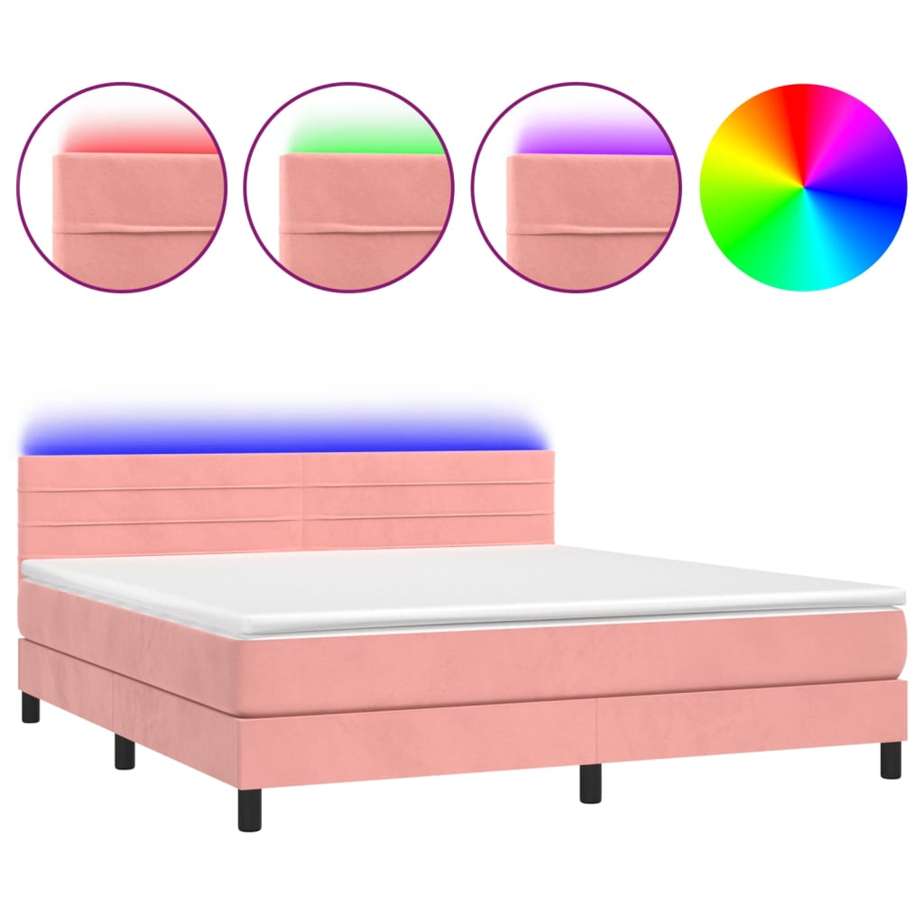 vidaXL Κρεβάτι Boxspring με Στρώμα & LED Ροζ 180x200 εκ. Βελούδινο