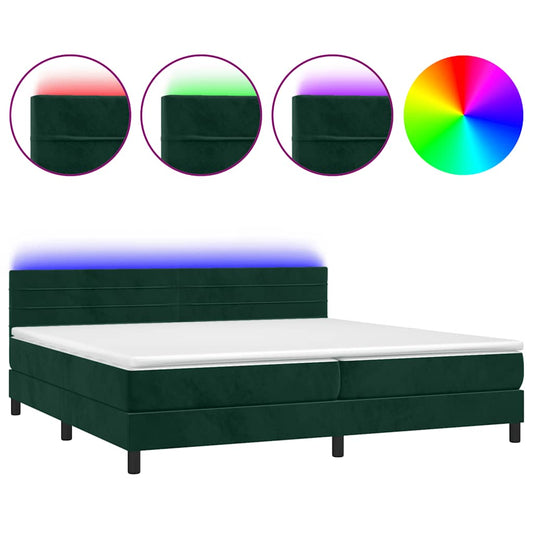 vidaXL Κρεβάτι Boxspring με Στρώμα & LED Σκ. Πράσινο 200x200εκ Βελούδο