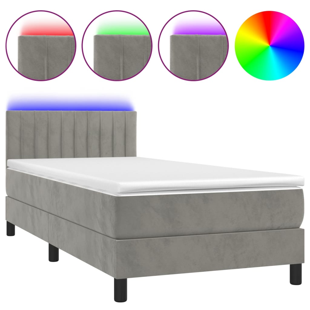vidaXL Κρεβάτι Boxspring με Στρώμα & LED Αν.Γκρι 90x190 εκ. Βελούδινο