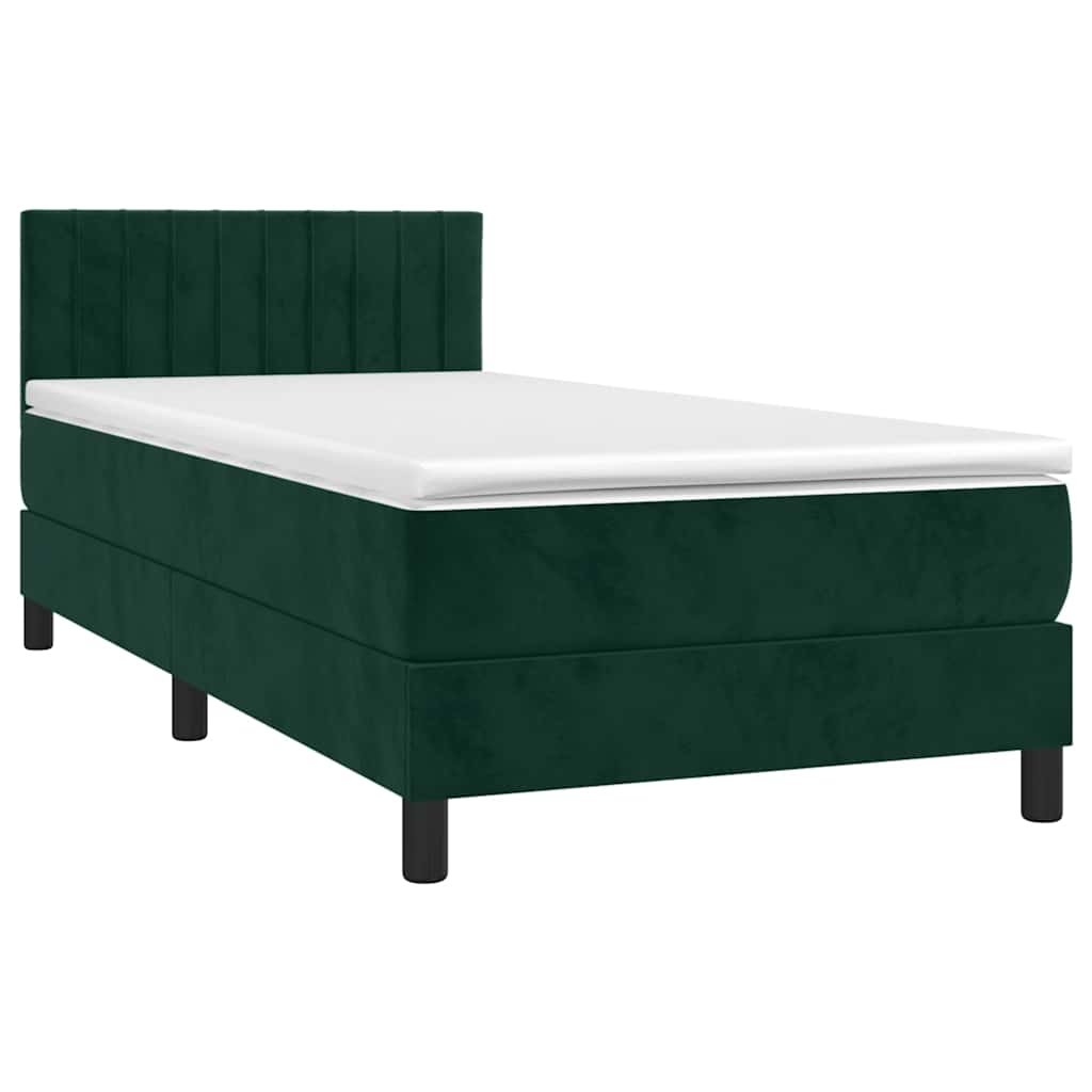 vidaXL Κρεβάτι Boxspring με Στρώμα & LED Σκ. Πράσινο 90x190 εκ Βελούδο