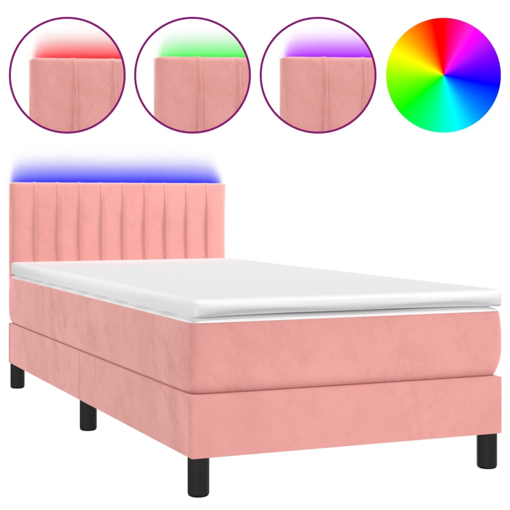 vidaXL Κρεβάτι Boxspring με Στρώμα & LED Ροζ 90x190 εκ. Βελούδινο