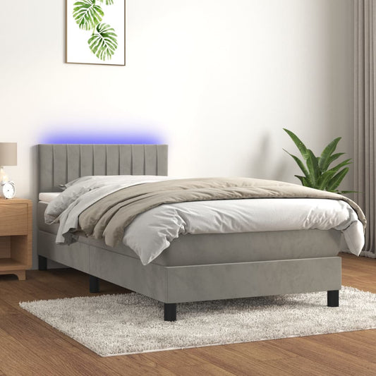 vidaXL Κρεβάτι Boxspring με Στρώμα & LED Αν.Γκρι 100x200 εκ. Βελούδινο