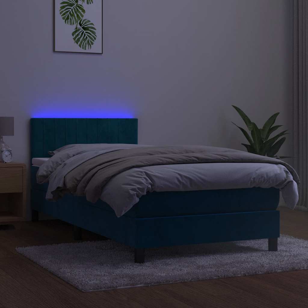 vidaXL Κρεβάτι Boxspring με Στρώμα & LED Σκ. Μπλε 100x200εκ. Βελούδινο
