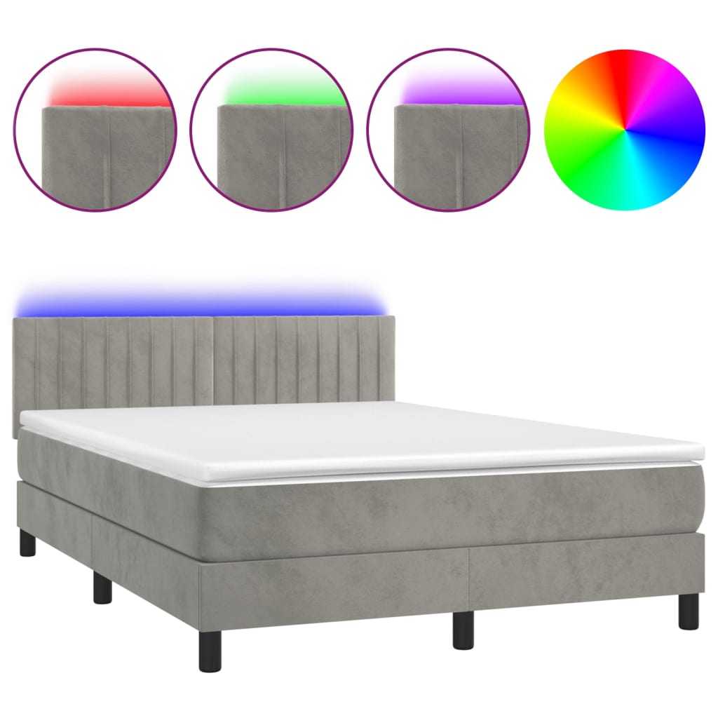vidaXL Κρεβάτι Boxspring με Στρώμα&LED Αν. Γκρι 140x190 εκ. Βελούδινο