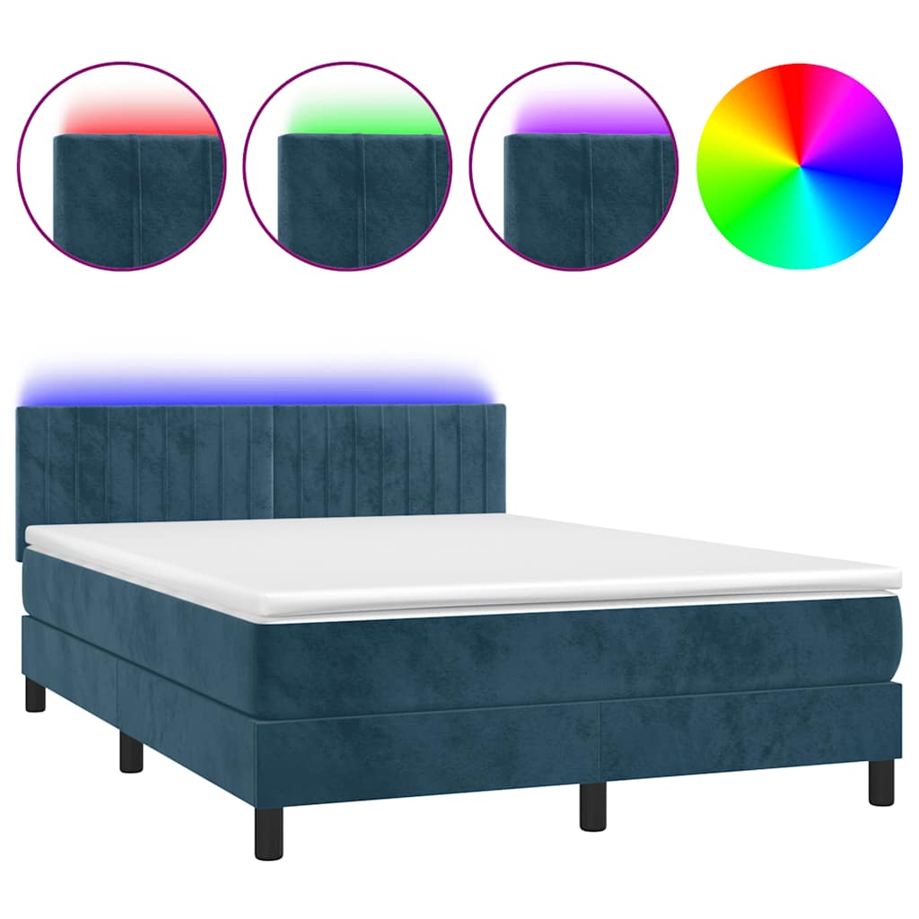 vidaXL Κρεβάτι Boxspring με Στρώμα & LED Σκ. Μπλε 140x190εκ. Βελούδινο