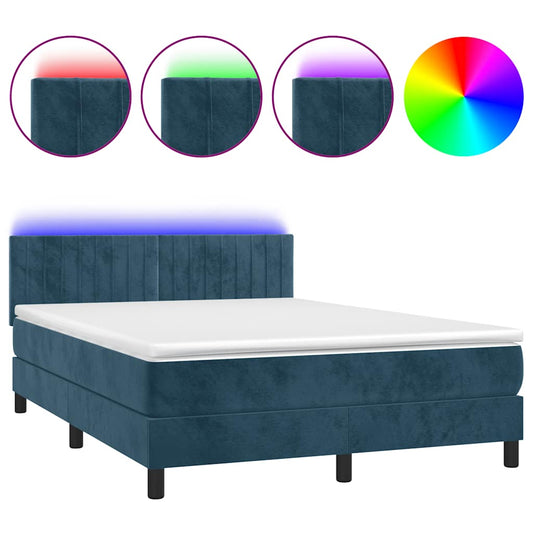 vidaXL Κρεβάτι Boxspring με Στρώμα & LED Σκ. Μπλε 140x190εκ. Βελούδινο