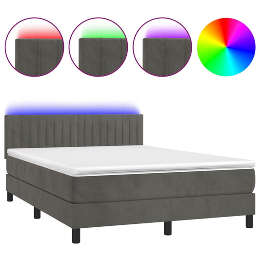 vidaXL Κρεβάτι Boxspring με Στρώμα & LED Σκ. Γκρι 140x200εκ. Βελούδινο