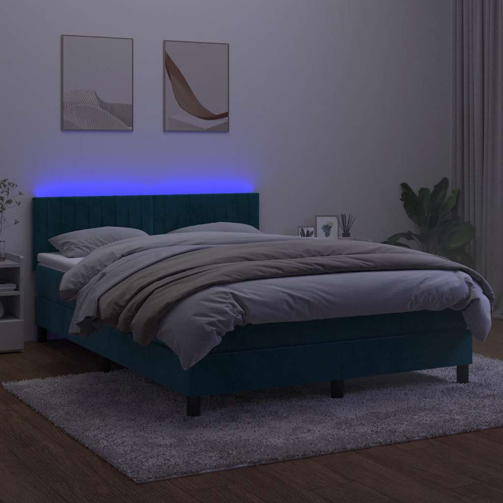 vidaXL Κρεβάτι Boxspring με Στρώμα & LED Σκ. Μπλε 140x200εκ. Βελούδινο