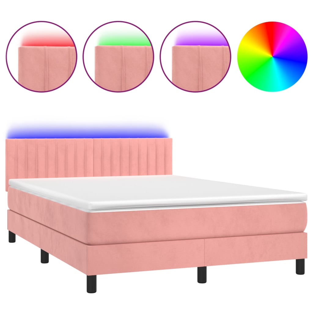 vidaXL Κρεβάτι Boxspring με Στρώμα & LED Ροζ 140x200 εκ. Βελούδινο