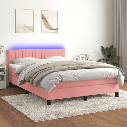 vidaXL Κρεβάτι Boxspring με Στρώμα & LED Ροζ 140x200 εκ. Βελούδινο