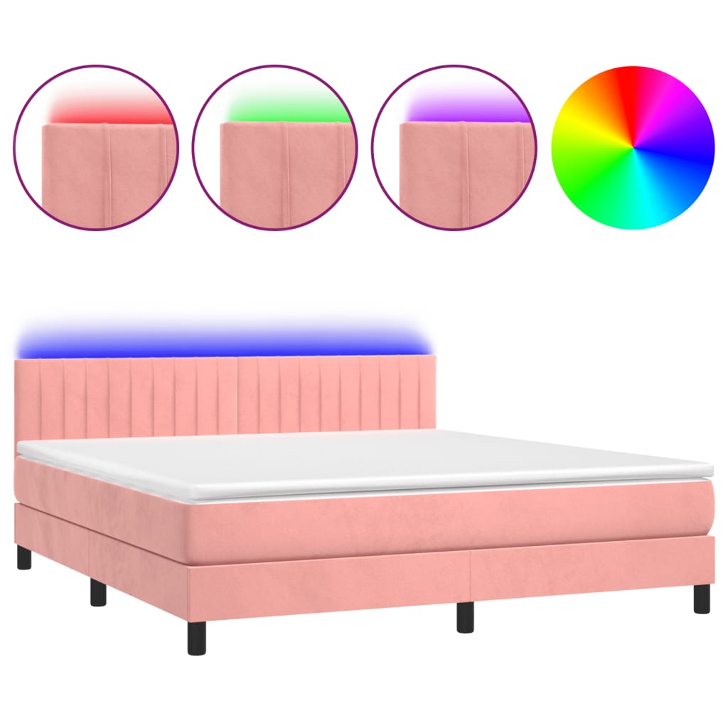 vidaXL Κρεβάτι Boxspring με Στρώμα & LED Ροζ 160x200 εκ. Βελούδινο