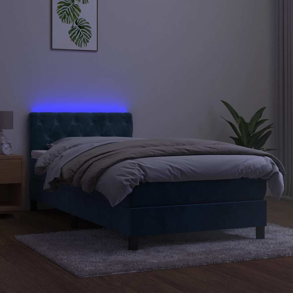 vidaXL Κρεβάτι Boxspring με Στρώμα & LED Σκ. Μπλε 80x200 εκ. Βελούδινο