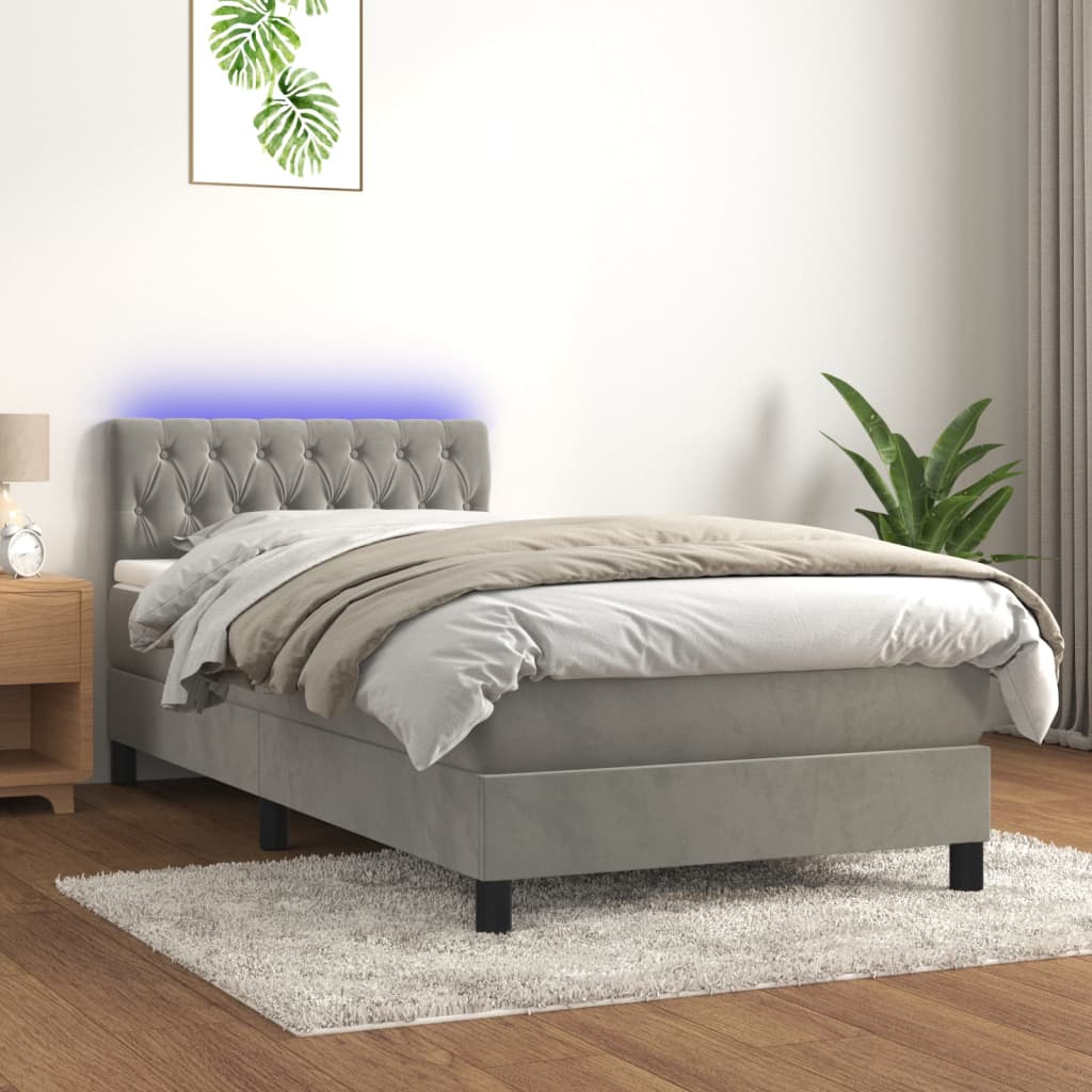 vidaXL Κρεβάτι Boxspring με Στρώμα & LED Αν.Γκρι 90x190 εκ. Βελούδινο
