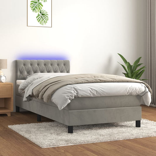 vidaXL Κρεβάτι Boxspring με Στρώμα & LED Αν.Γκρι 90x190 εκ. Βελούδινο