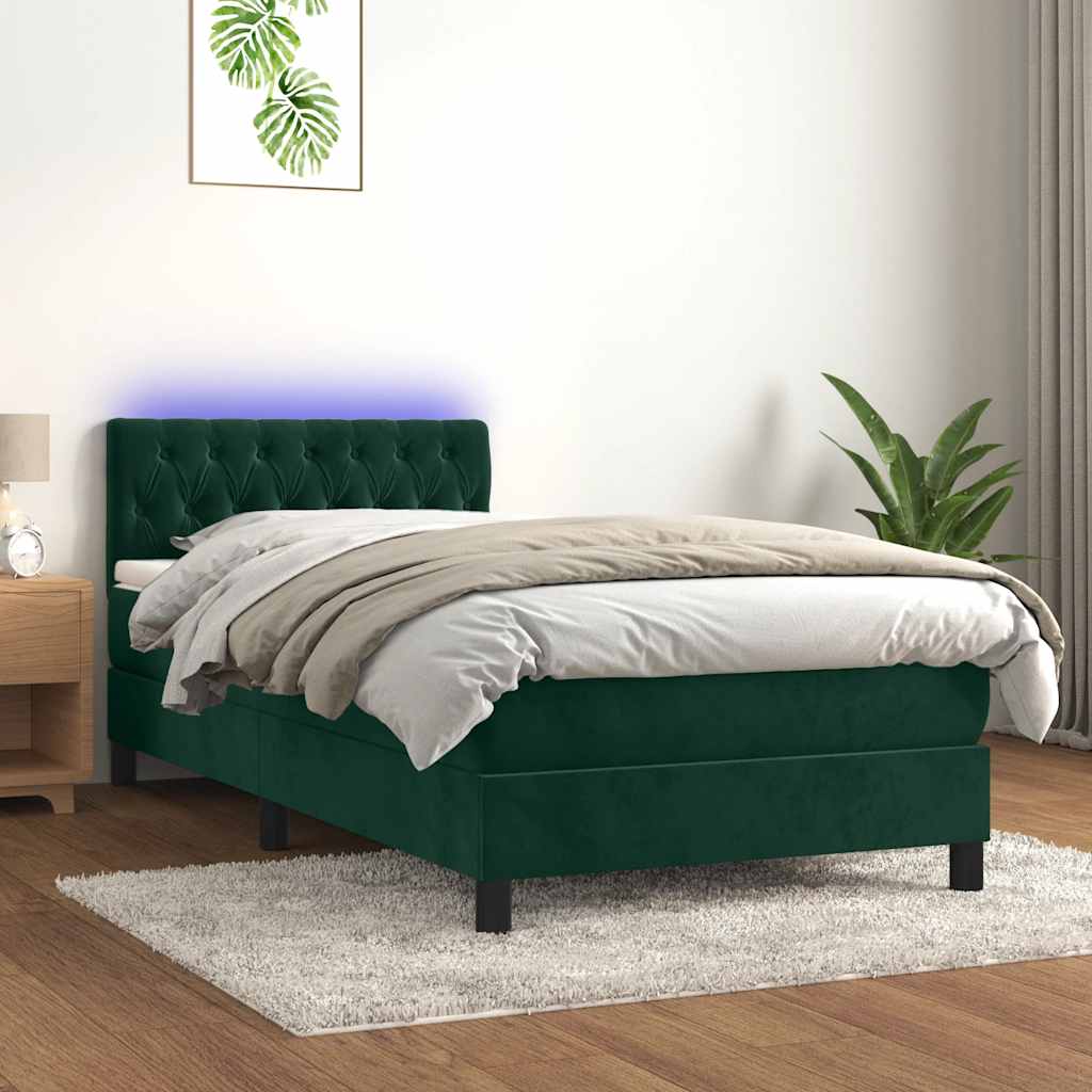 vidaXL Κρεβάτι Boxspring με Στρώμα & LED Σκ. Πράσινο 90x190 εκ Βελούδο