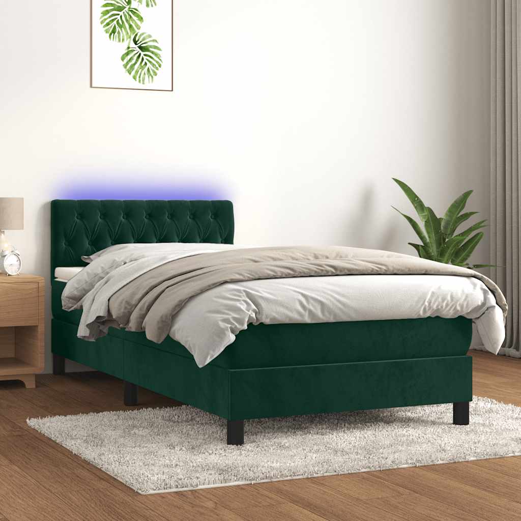 vidaXL Κρεβάτι Boxspring με Στρώμα & LED Σκ. Πράσινο 90x200 εκ Βελούδο