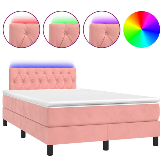 vidaXL Κρεβάτι Boxspring με Στρώμα & LED Ροζ 120x200 εκ. Βελούδινο