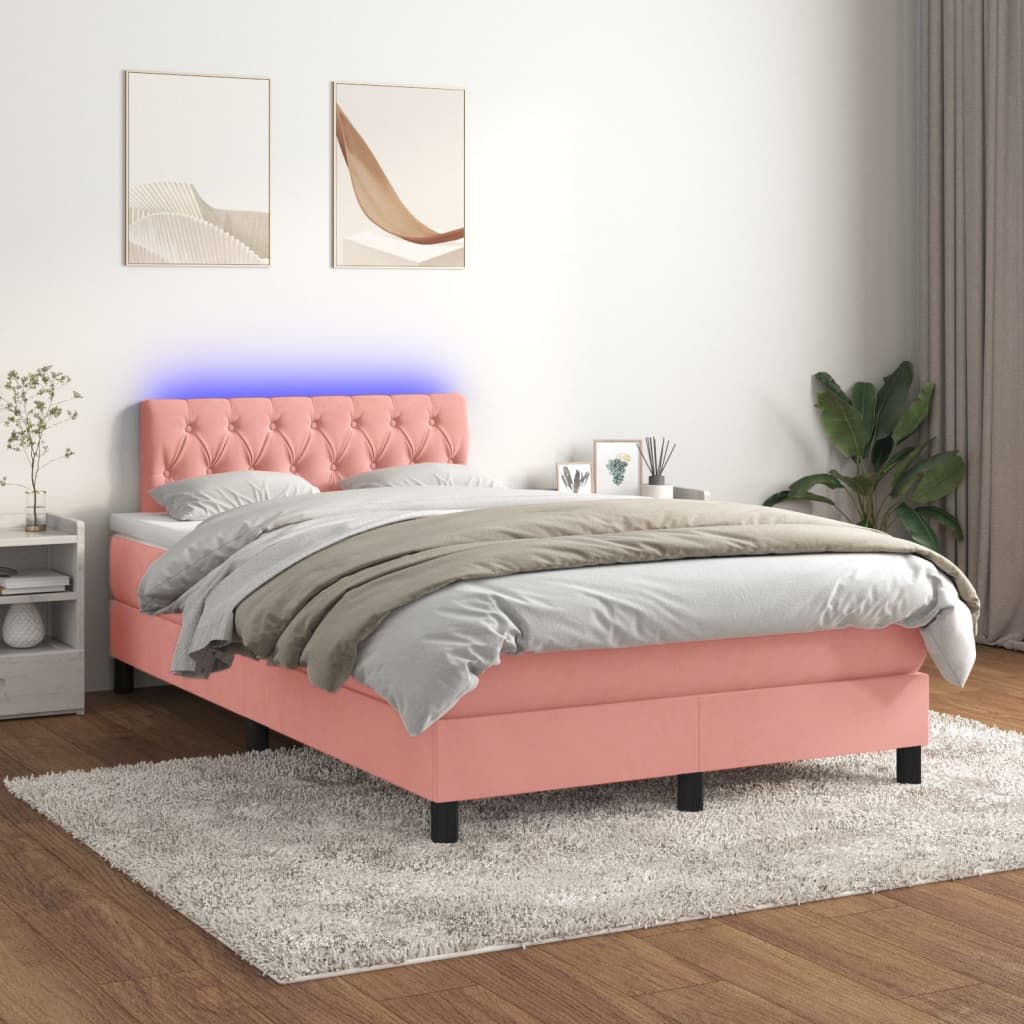 vidaXL Κρεβάτι Boxspring με Στρώμα & LED Ροζ 120x200 εκ. Βελούδινο