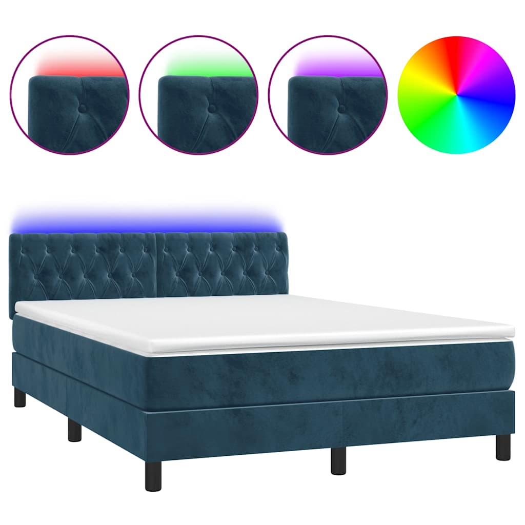 vidaXL Κρεβάτι Boxspring με Στρώμα & LED Σκ. Μπλε 140x190εκ. Βελούδινο