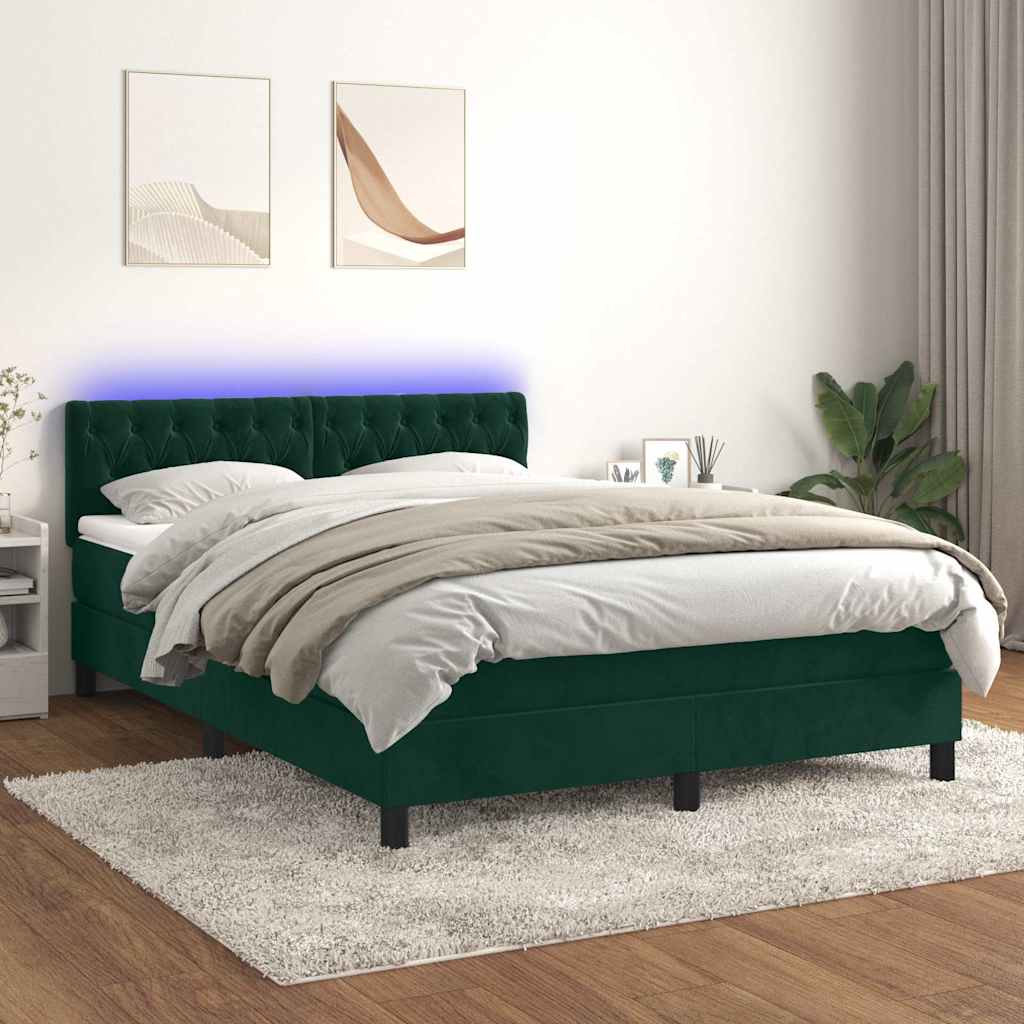 vidaXL Κρεβάτι Boxspring με Στρώμα & LED Σκ. Πράσινο 140x200εκ Βελούδο
