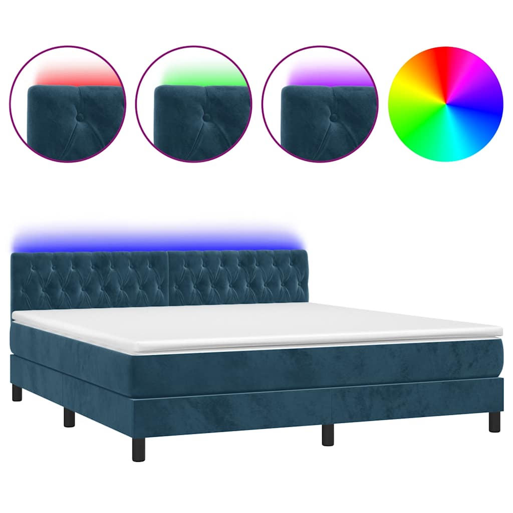 vidaXL Κρεβάτι Boxspring με Στρώμα & LED Σκ. Μπλε 160x200εκ. Βελούδινο