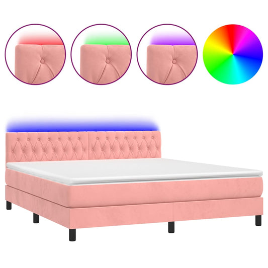 vidaXL Κρεβάτι Boxspring με Στρώμα & LED Ροζ 180x200 εκ. Βελούδινο