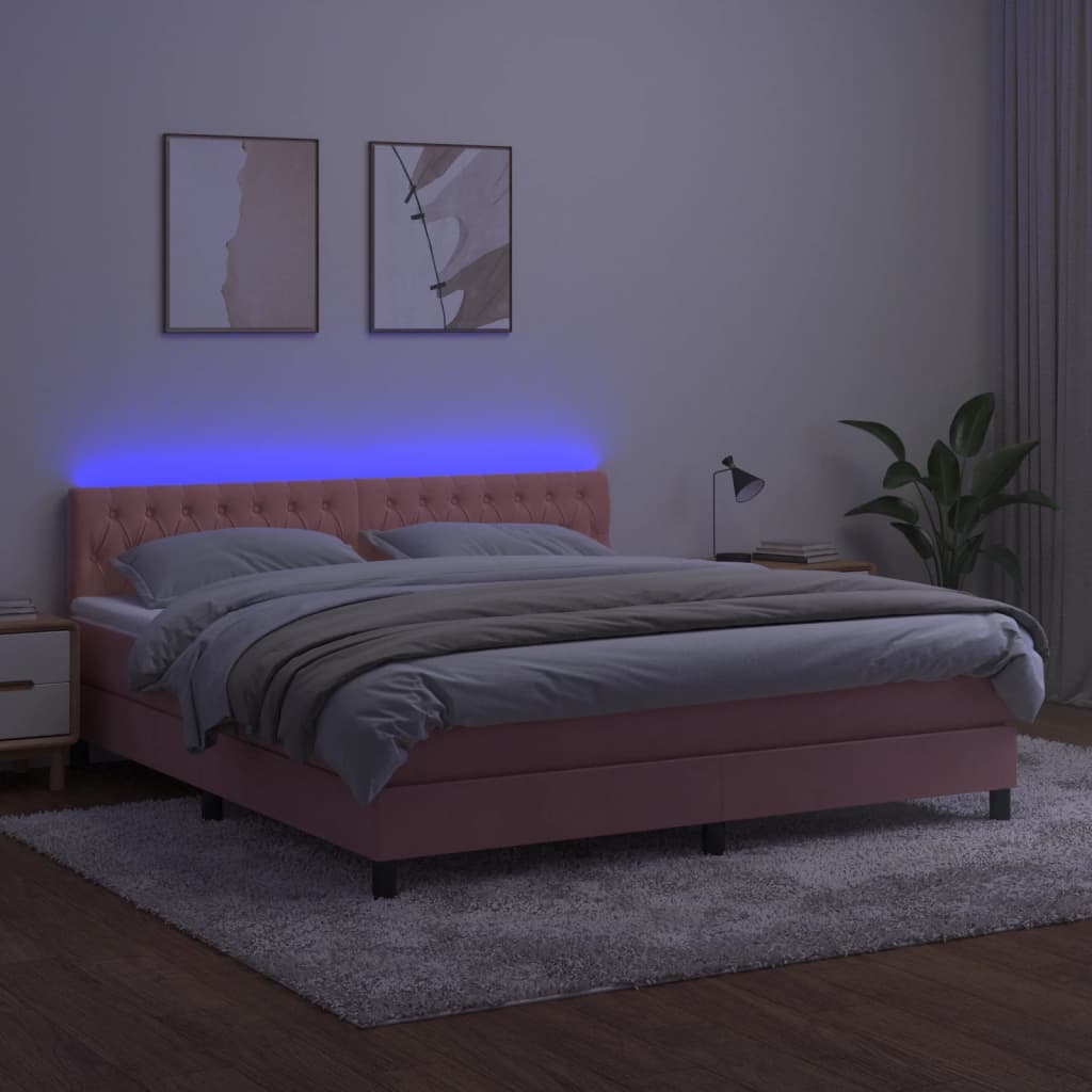 vidaXL Κρεβάτι Boxspring με Στρώμα & LED Ροζ 180x200 εκ. Βελούδινο