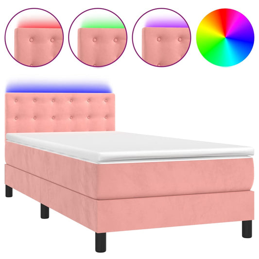 vidaXL Κρεβάτι Boxspring με Στρώμα & LED Ροζ 90x190 εκ. Βελούδινο