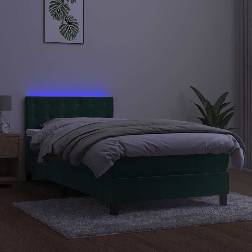 vidaXL Κρεβάτι Boxspring με Στρώμα & LED Σκ. Πράσινο 90x200 εκ Βελούδο
