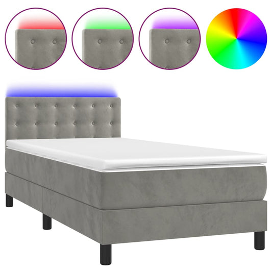 vidaXL Κρεβάτι Boxspring με Στρώμα & LED Αν.Γκρι 100x200 εκ. Βελούδινο