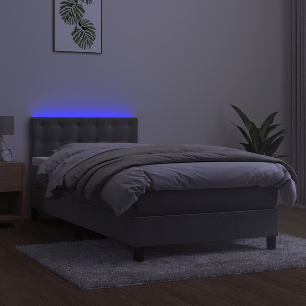 vidaXL Κρεβάτι Boxspring με Στρώμα & LED Αν.Γκρι 100x200 εκ. Βελούδινο