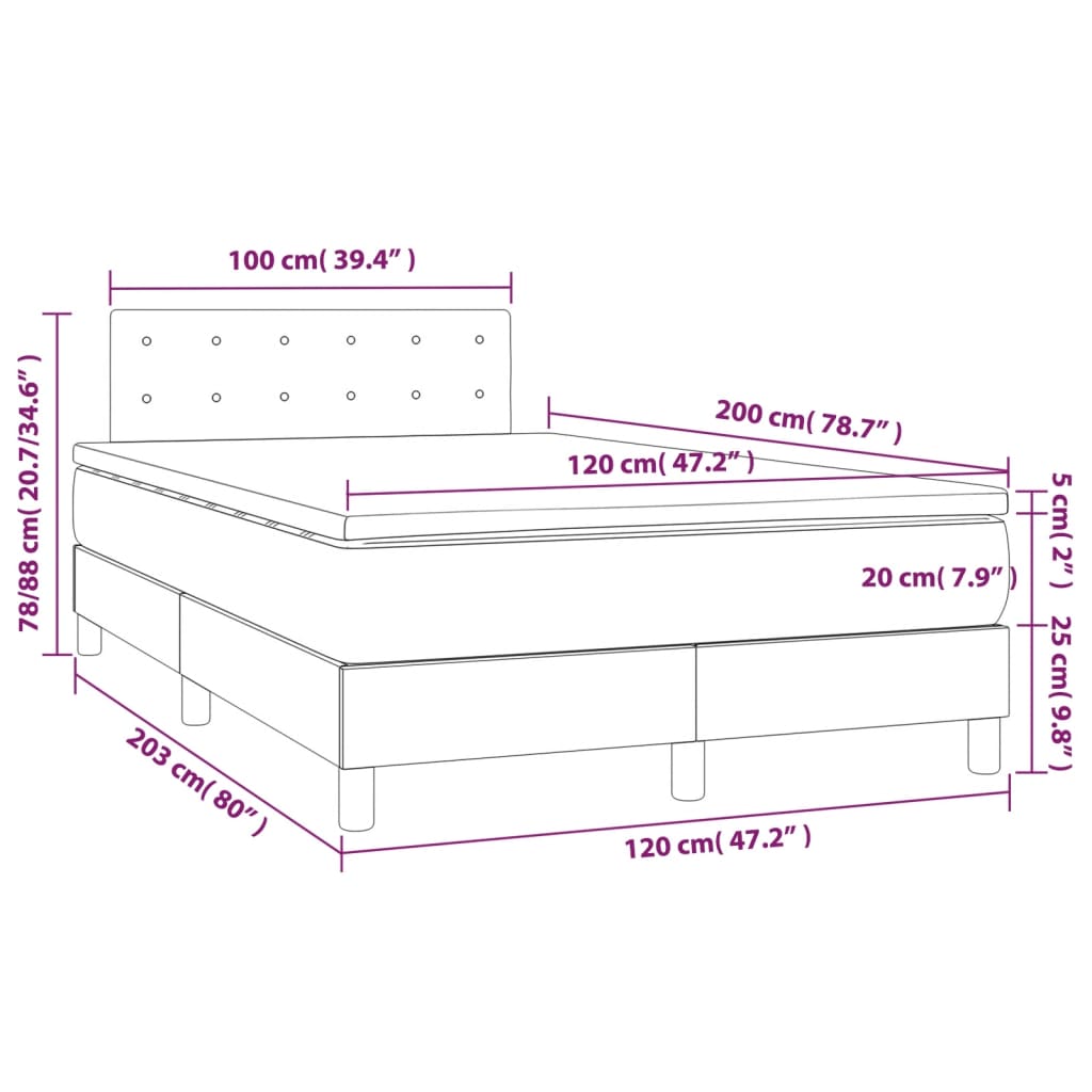 vidaXL Κρεβάτι Boxspring με Στρώμα & LED Σκ. Γκρι 120x200εκ. Βελούδινο