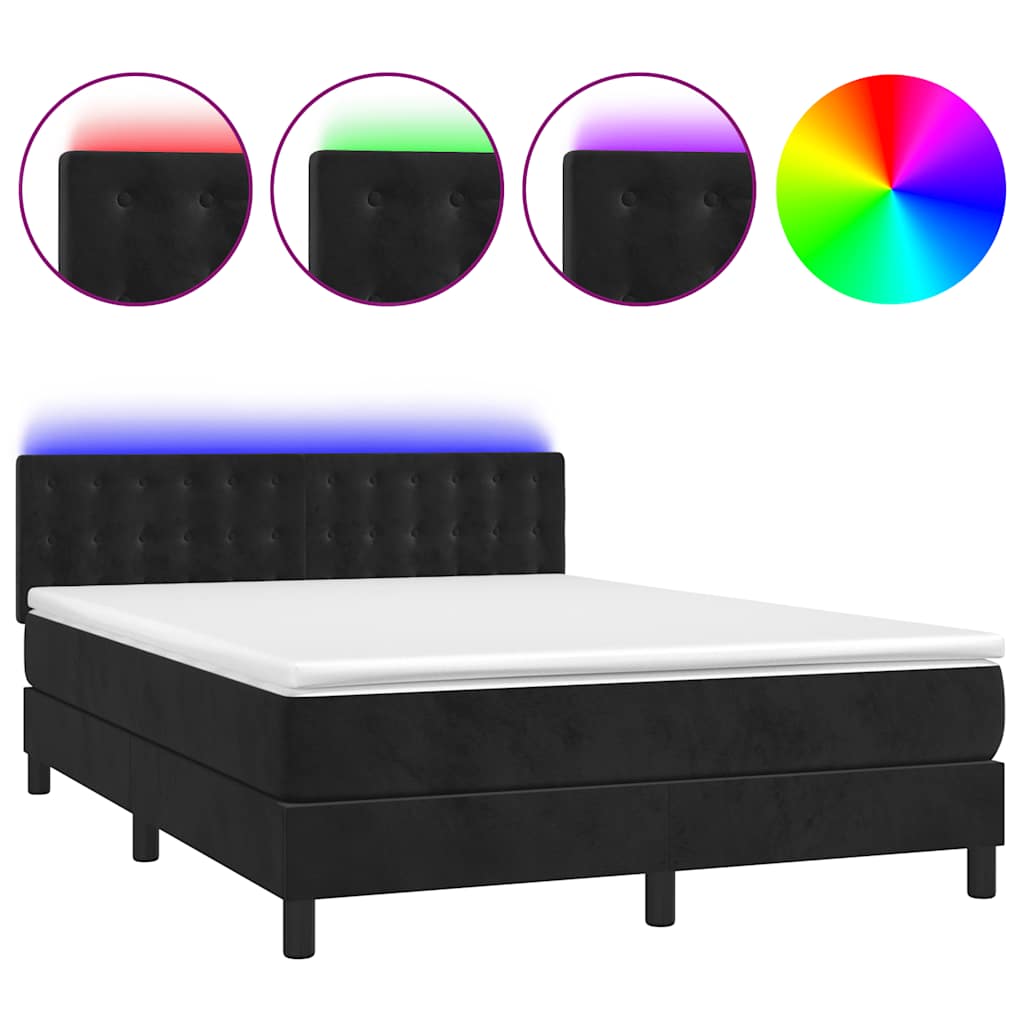 vidaXL Κρεβάτι Boxspring με Στρώμα & LED Μαύρο 140x190 εκ. Βελούδινο