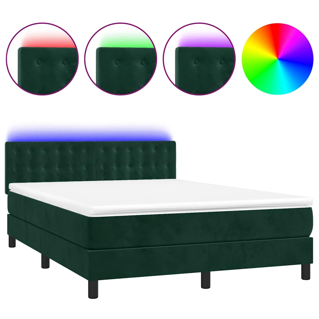 vidaXL Κρεβάτι Boxspring με Στρώμα & LED Σκ. Πράσινο 140x190εκ Βελούδο