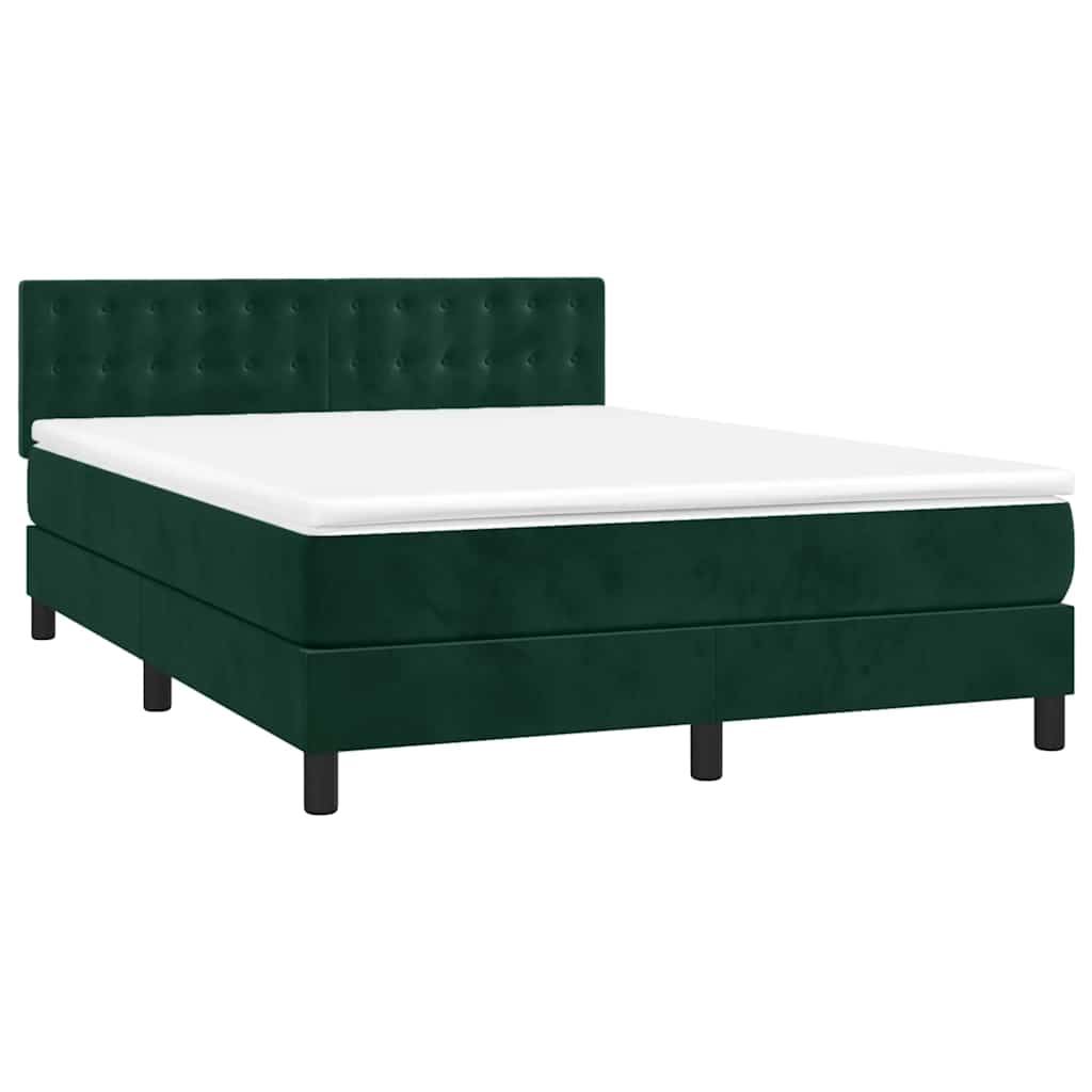 vidaXL Κρεβάτι Boxspring με Στρώμα & LED Σκ. Πράσινο 140x190εκ Βελούδο
