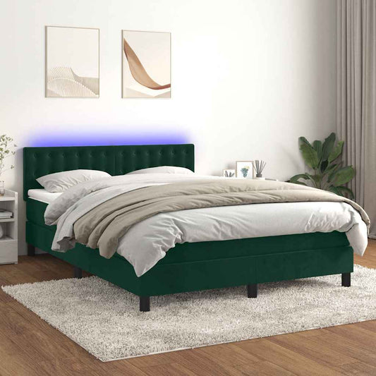 vidaXL Κρεβάτι Boxspring με Στρώμα & LED Σκ. Πράσινο 140x190εκ Βελούδο