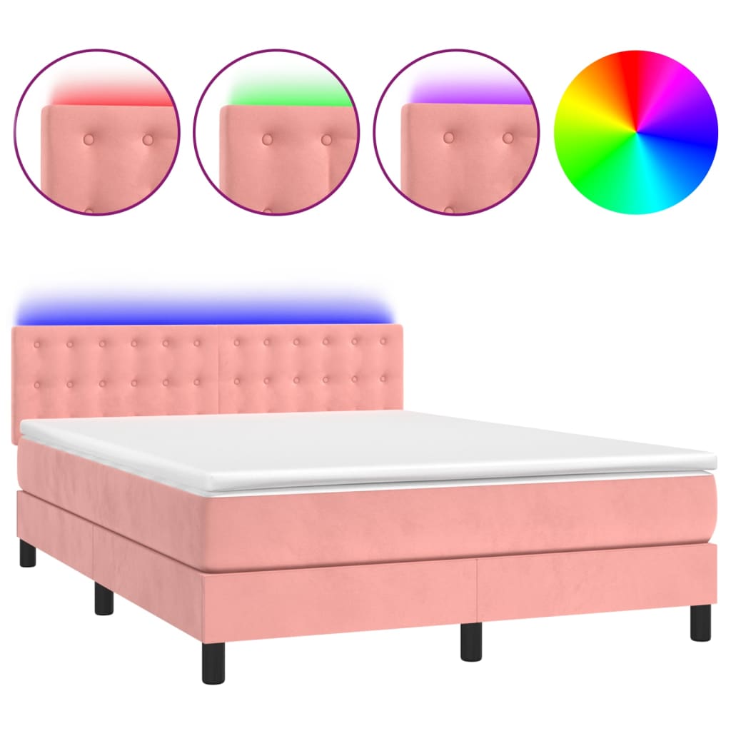 vidaXL Κρεβάτι Boxspring με Στρώμα & LED Ροζ 140x200 εκ. Βελούδινο