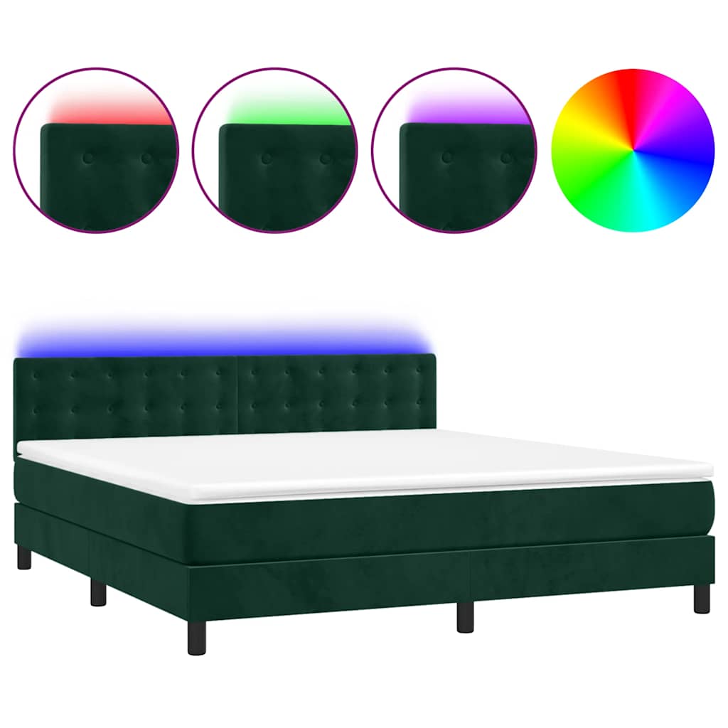 vidaXL Κρεβάτι Boxspring με Στρώμα & LED Σκ. Πράσινο 160x200εκ Βελούδο