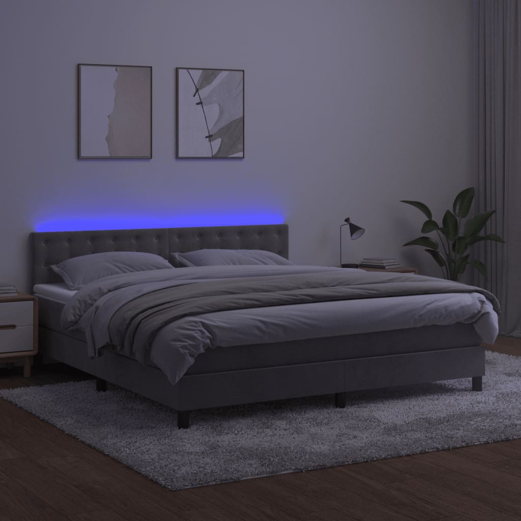 vidaXL Κρεβάτι Boxspring με Στρώμα & LED Αν.Γκρι 180x200 εκ. Βελούδινο
