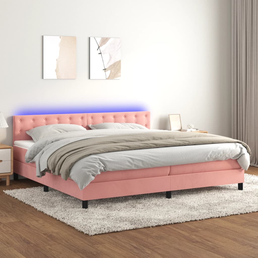 vidaXL Κρεβάτι Boxspring με Στρώμα & LED Ροζ 200x200 εκ. Βελούδινο