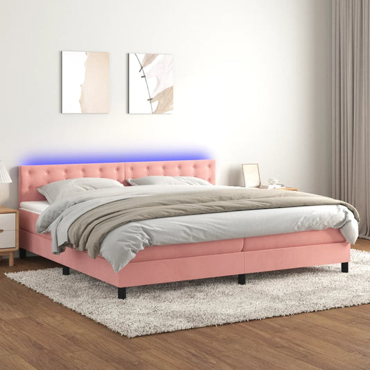 vidaXL Κρεβάτι Boxspring με Στρώμα & LED Ροζ 200x200 εκ. Βελούδινο