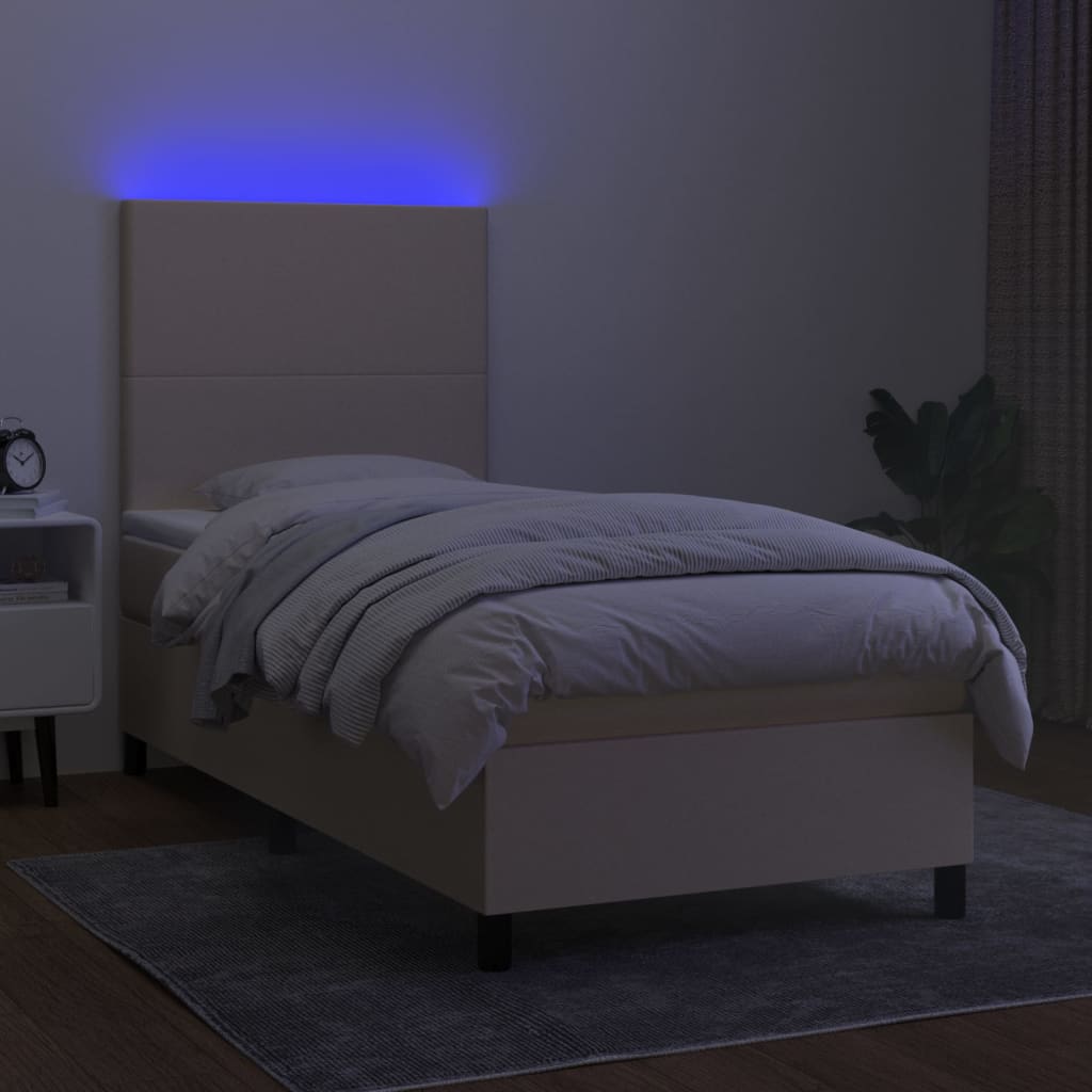 vidaXL Κρεβάτι Boxspring με Στρώμα & LED Κρεμ 90x190 εκ. Υφασμάτινο