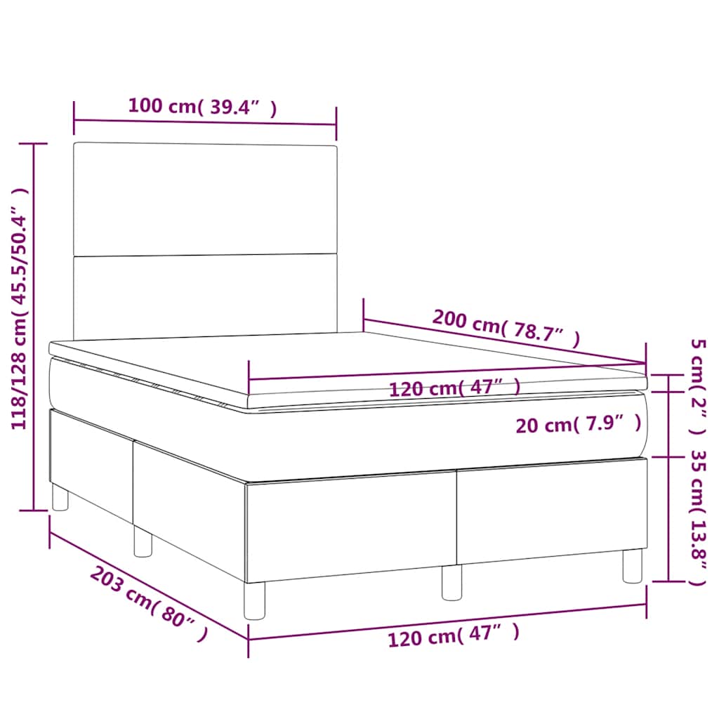 vidaXL Κρεβάτι Boxspring με Στρώμα & LED Μαύρο 120x200 εκ. Υφασμάτινο