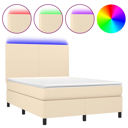 vidaXL Κρεβάτι Boxspring με Στρώμα & LED Κρεμ 140x200 εκ. Υφασμάτινο
