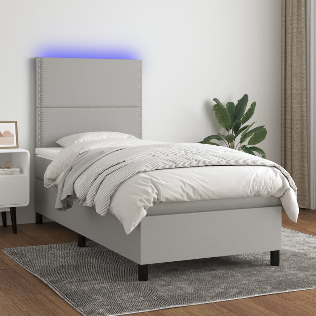 vidaXL Κρεβάτι Boxspring με Στρώμα & LED Αν.Γκρι 90x190 εκ. Υφασμάτινο