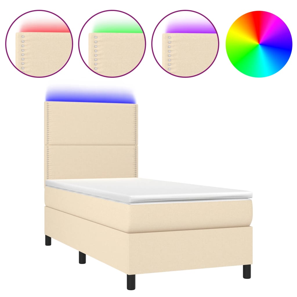 vidaXL Κρεβάτι Boxspring με Στρώμα & LED Κρεμ 90x190 εκ. Υφασμάτινο
