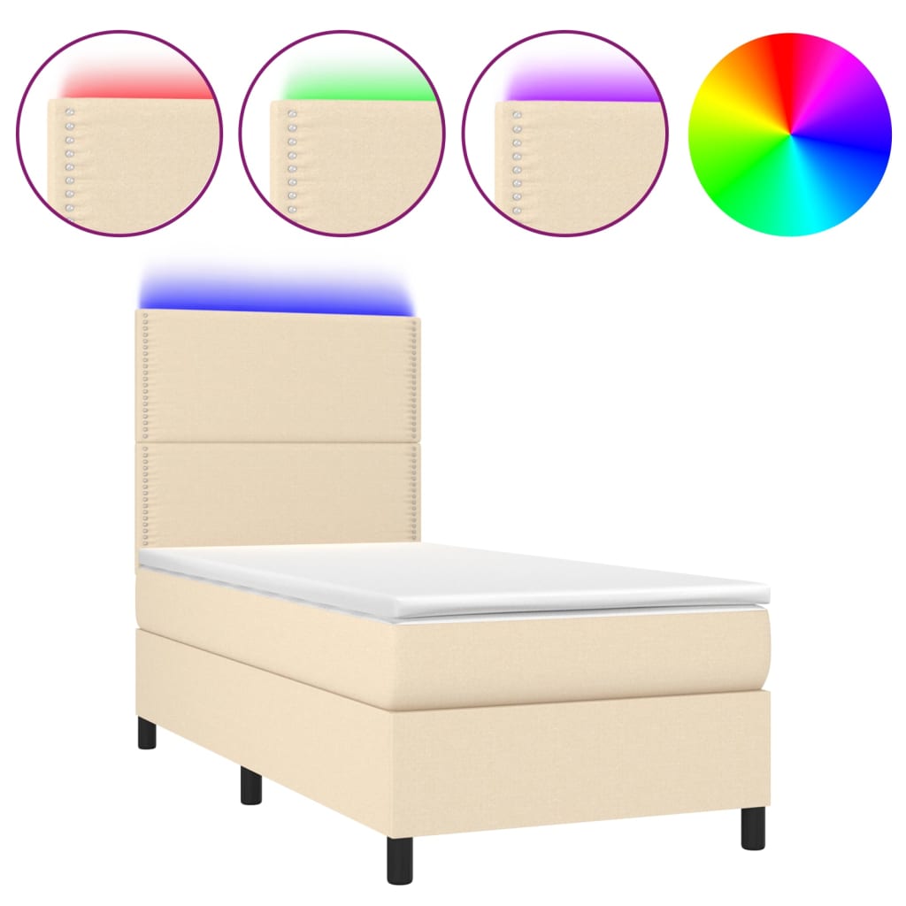 vidaXL Κρεβάτι Boxspring με Στρώμα & LED Κρεμ 90x200 εκ. Υφασμάτινο