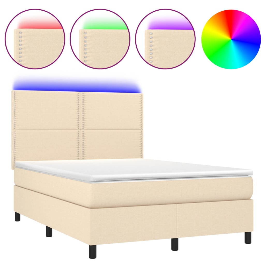 vidaXL Κρεβάτι Boxspring με Στρώμα & LED Κρεμ 140x190 εκ. Υφασμάτινο